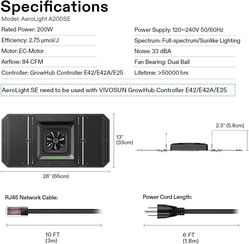 VIVOSUN AeroLight A200SE 200W LED,S6 405CFM Inline Duct Fan,E42A WiFi-Controller