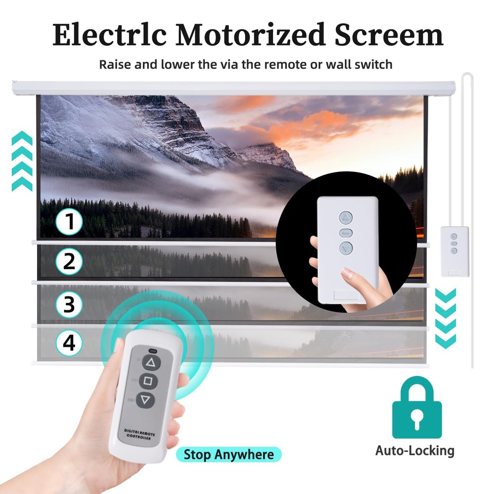 Pull Down Projector Screen Motorized 84 Inch 16:9 HD Electric Small Projector...