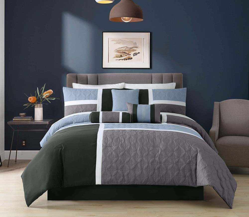 Upland 7-Piece Quilted Patchwork Comforter Set, Gray/Light Blue/Charcoal, King