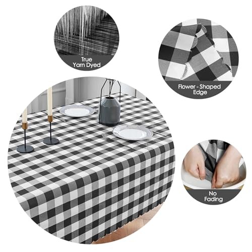Gingham Tablecloth – 71" x 55" (Rectangular) Gingham (Scalloped Edge) - Black