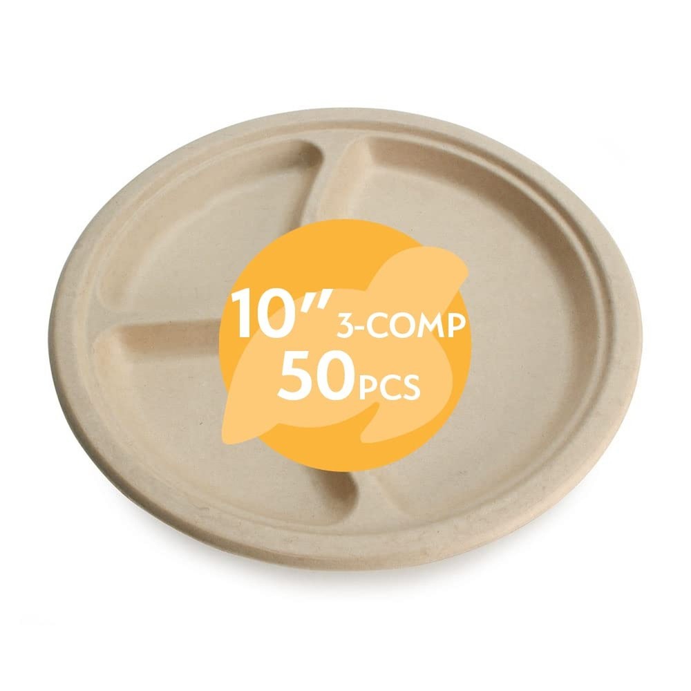 100% Compostable Disposable Paper Plates Bulk [10" 3-Comp 50 Pack], Bamboo Pl...