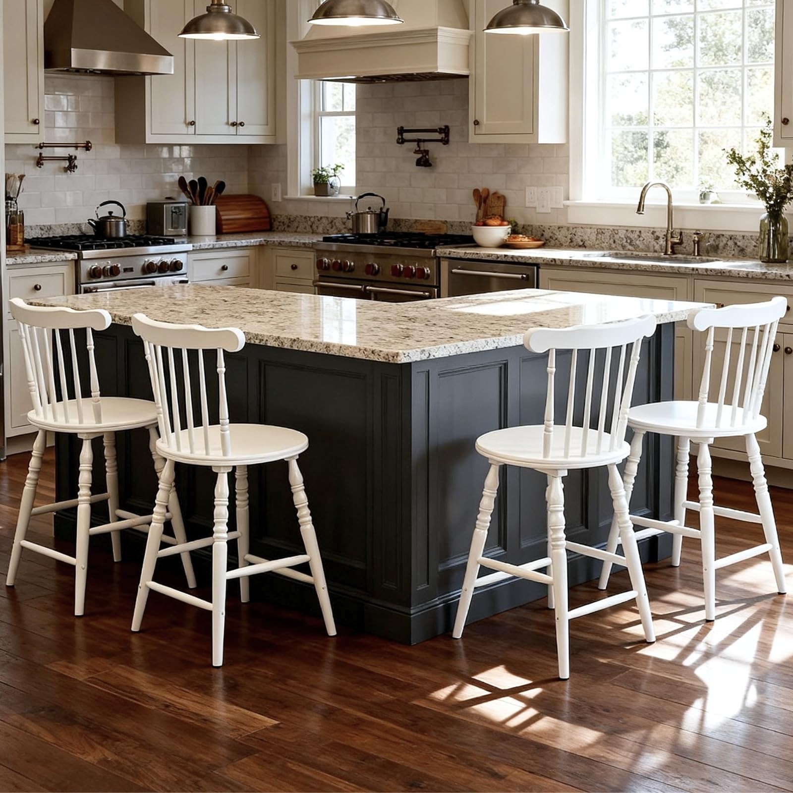 24" White Windsor Counter Height Bar Stools Set of 3, Farmhouse Wooden Counter