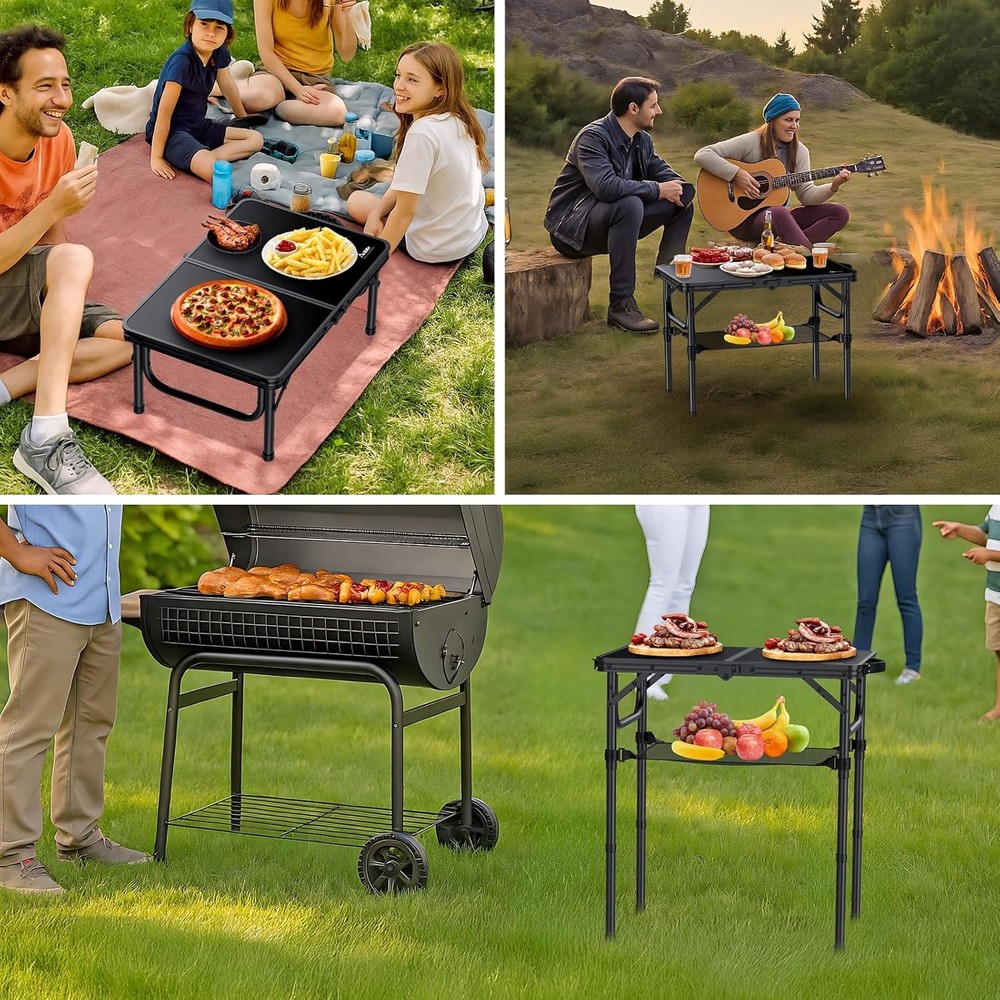 2ft Folding Camping Table W/ Storage Net 3 Adjustable Heights Small Folding