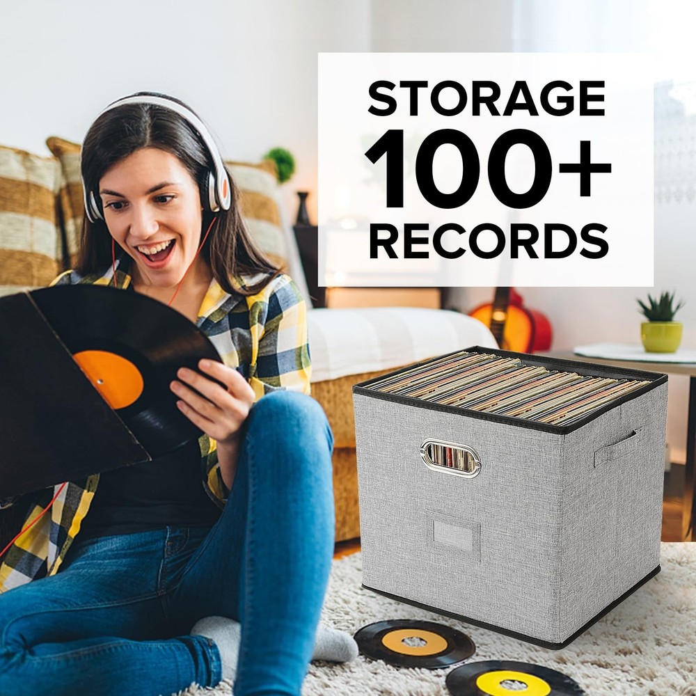 Vinyl Record Storage Box Hold 100+ 12" Albums Stackable LP Storage Bin with L...