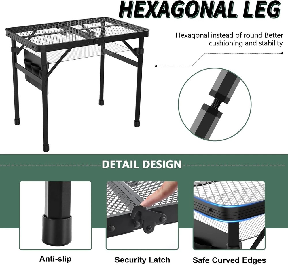 Folding Table, 2X1.3 FT Camping Table with Mesh Desktop,Folding Grill Table with