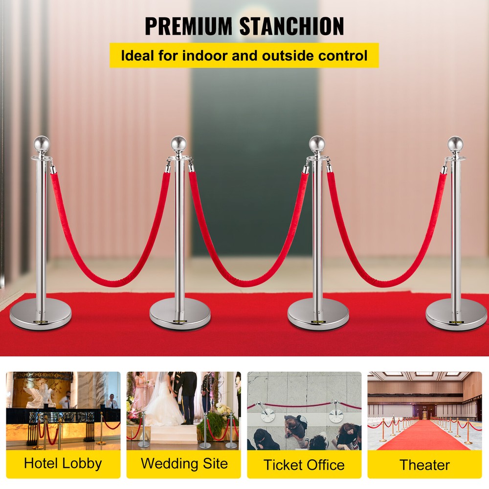 4PCS Stanchion Posts Silver Queue Pole with 3 Velvet Ropes Crowd Control Barrier