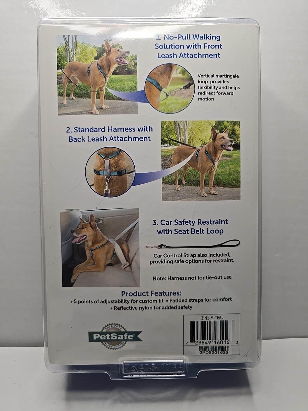 PetSafe 3 in 1 Dog Harness-MEDIUM-Teal-No Pull Design-Car Restraint-Reflective