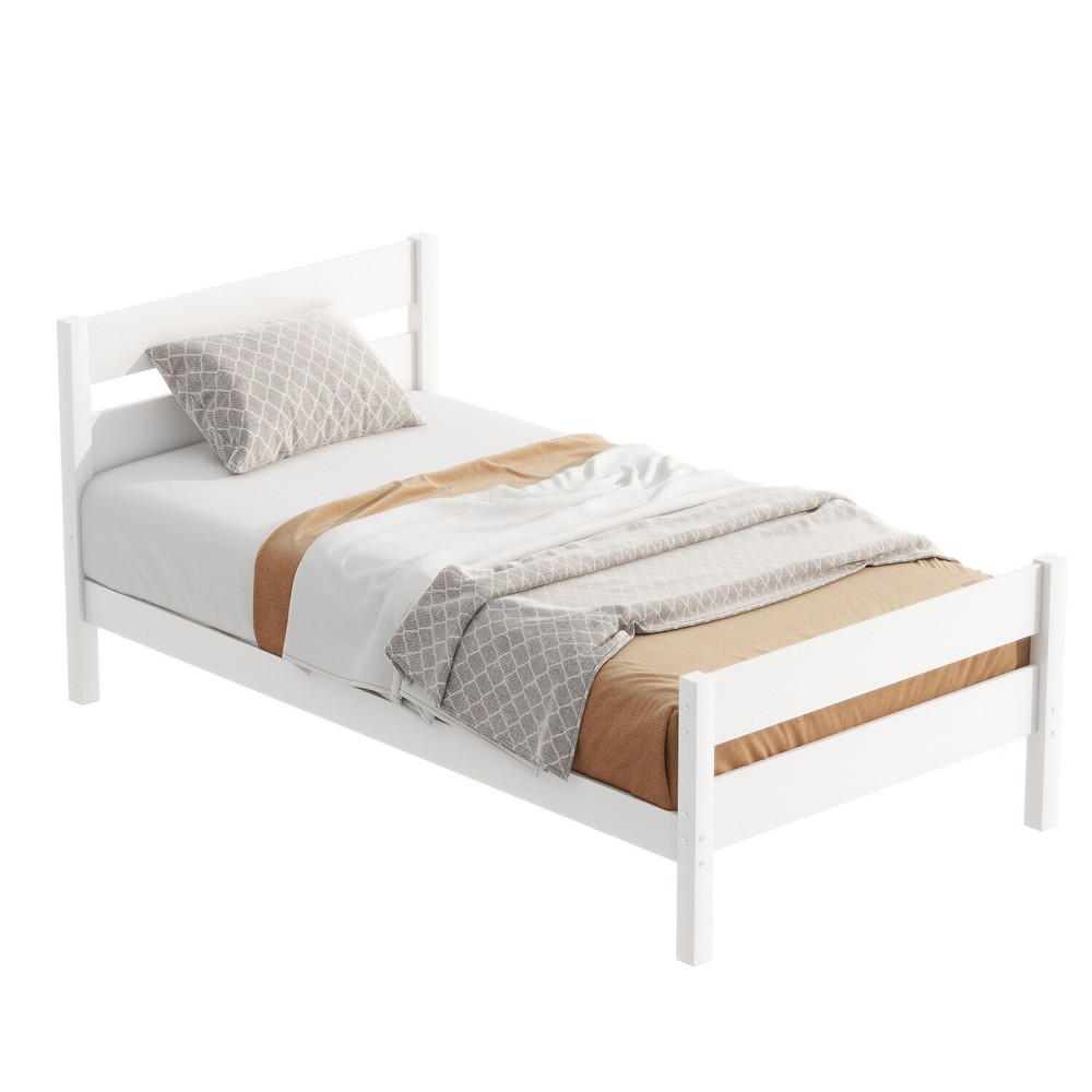 Twin Size Bed Frame Wooden Platform Bed Frame w/ Headboard White/Espresso