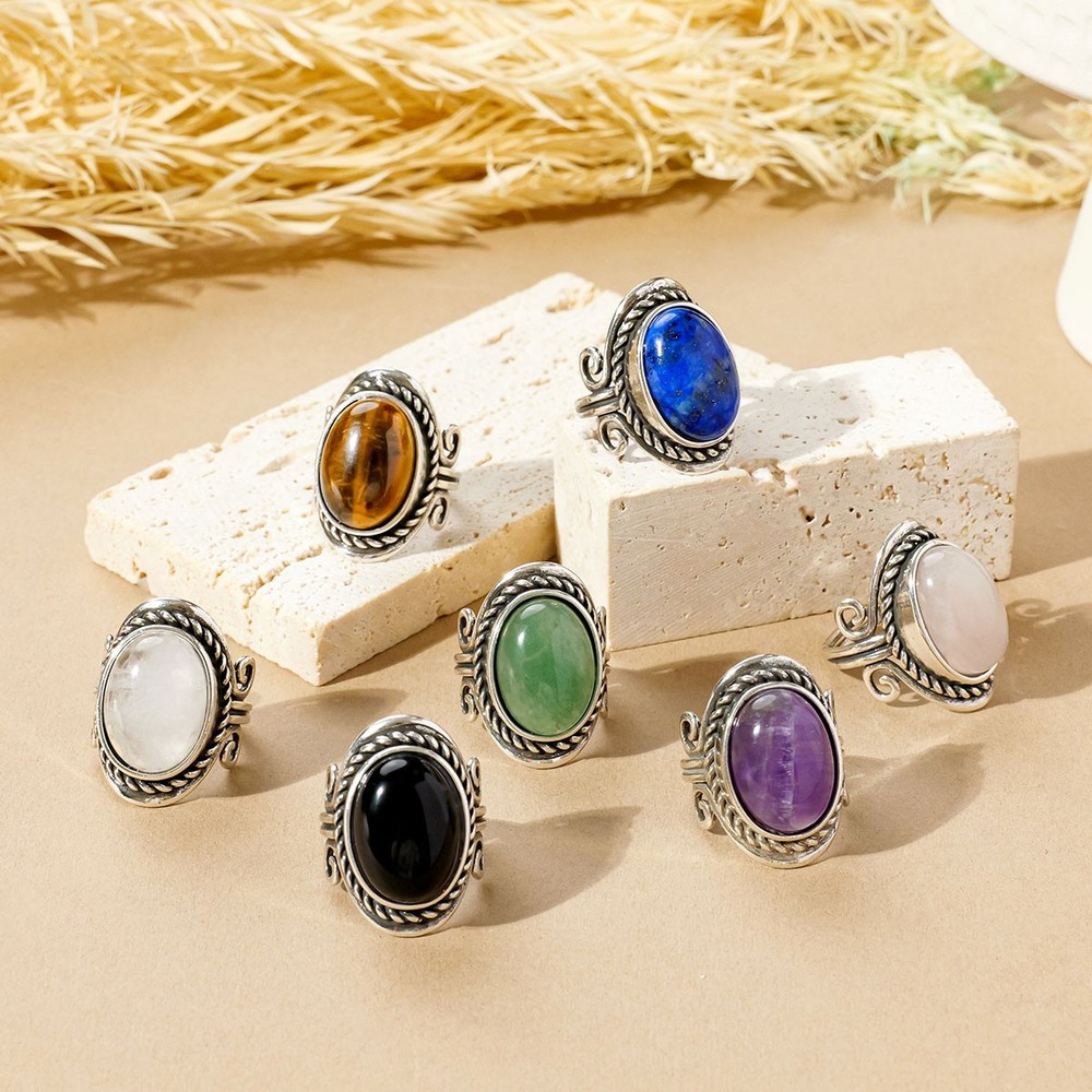 7Pcs Boho Vintage Gemstone Ring Set Antique Silver Healing Crystal Adjustable