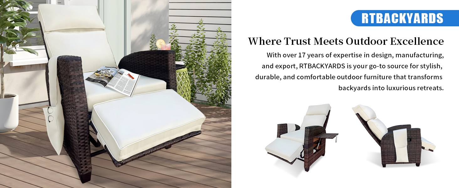 Outdoor Recliner, Patio Recliner Chair with Flip-up Table, Adjustable Backrest