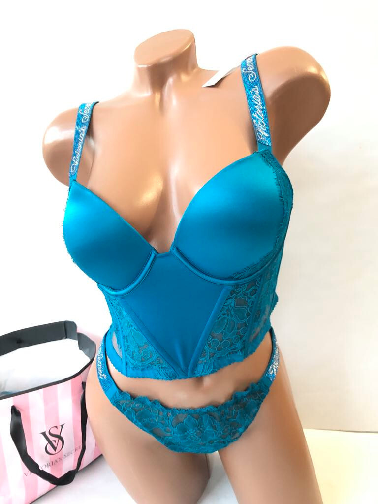 Victorias Secret Shine Strap Logo Rhinestone Push-Up Corset Thong  Set Aqua Blue