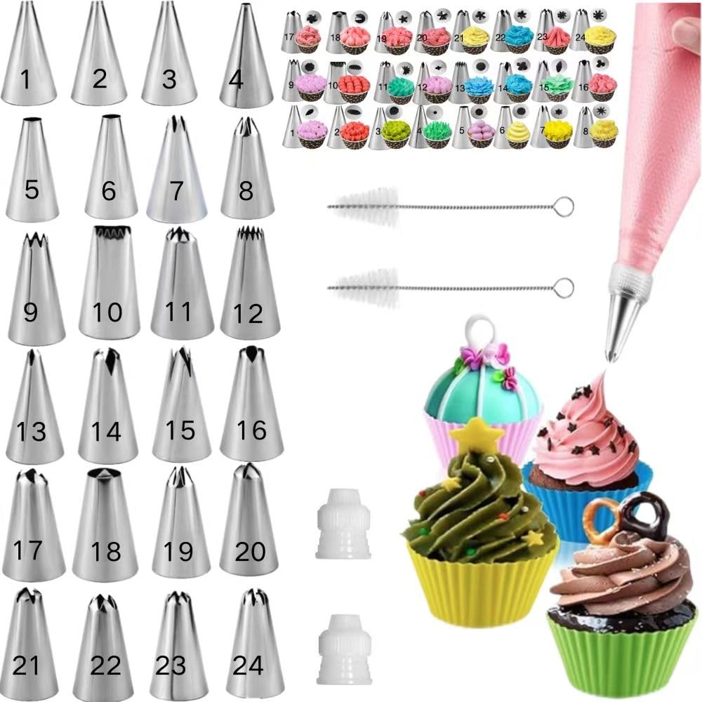 Cake Decorating Kit 24 Piping Tips 2 Brushes 2 Couplers White Baking Tool
