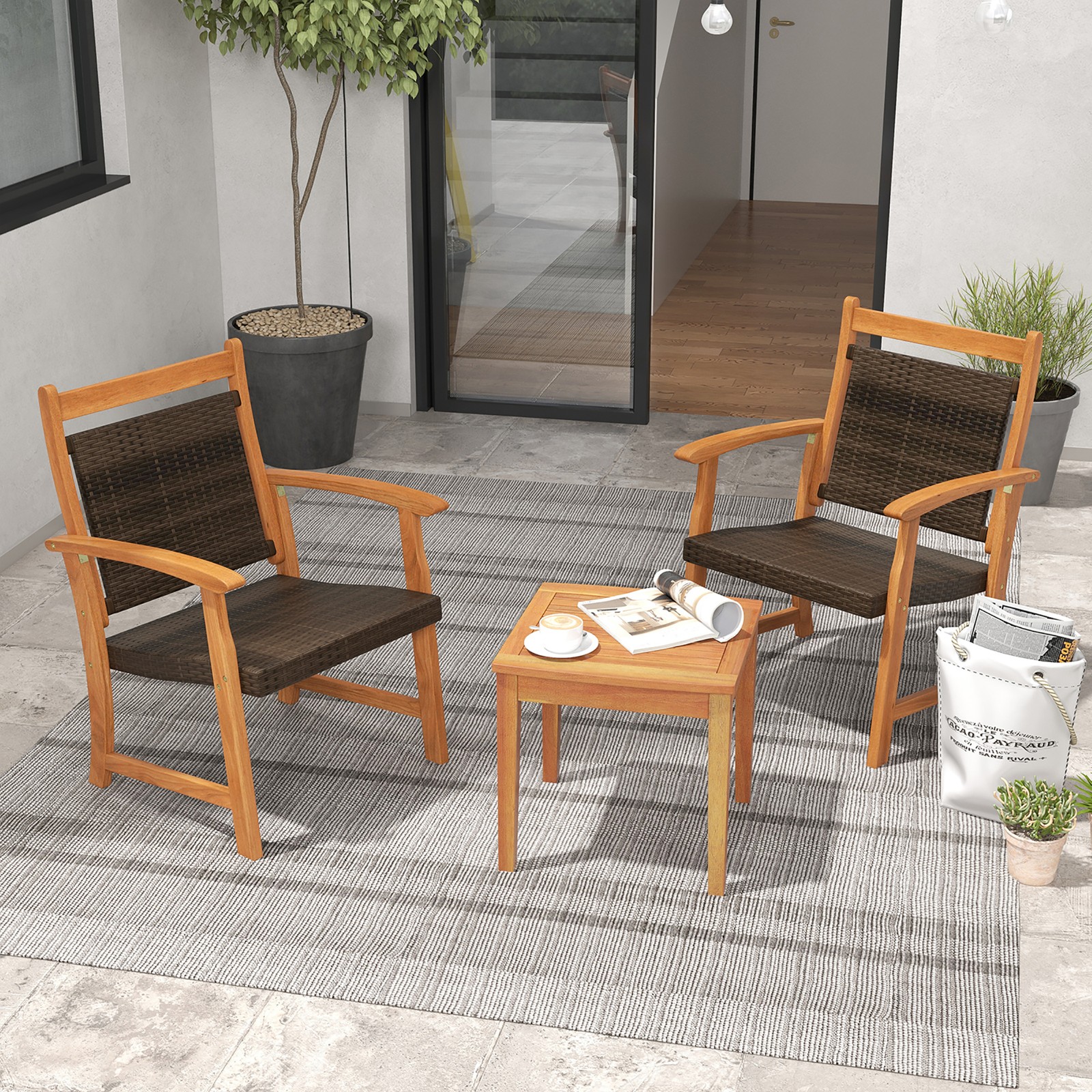 3PCS Patio Acacia Wood Rattan Bistro Set Outdoor Conversation Furniture Set