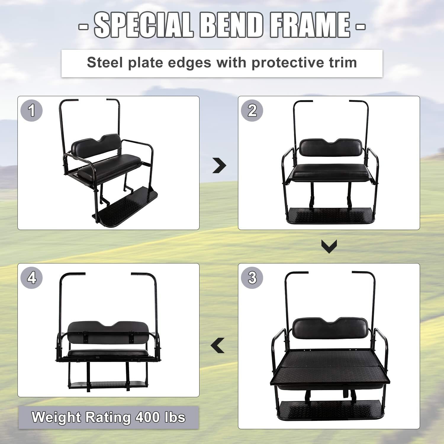 For EZGO TXT Golf Cart Flip Folding Rear Back Seat with Roof Support Kit - Black