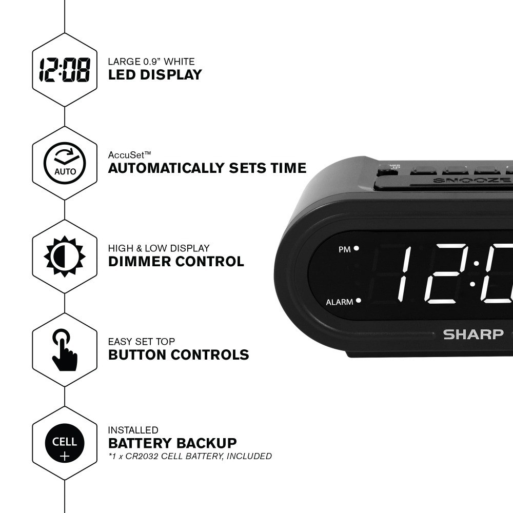 Digital Alarm Clock with Automatic Time Setting Black White LED Display