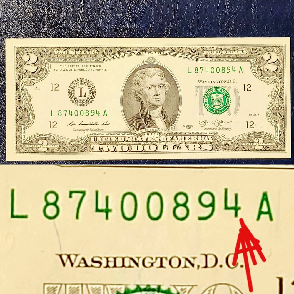 $2 ERROR  RAISED DIGIT (4) UNCIRCULATED NOTES 2013 $2