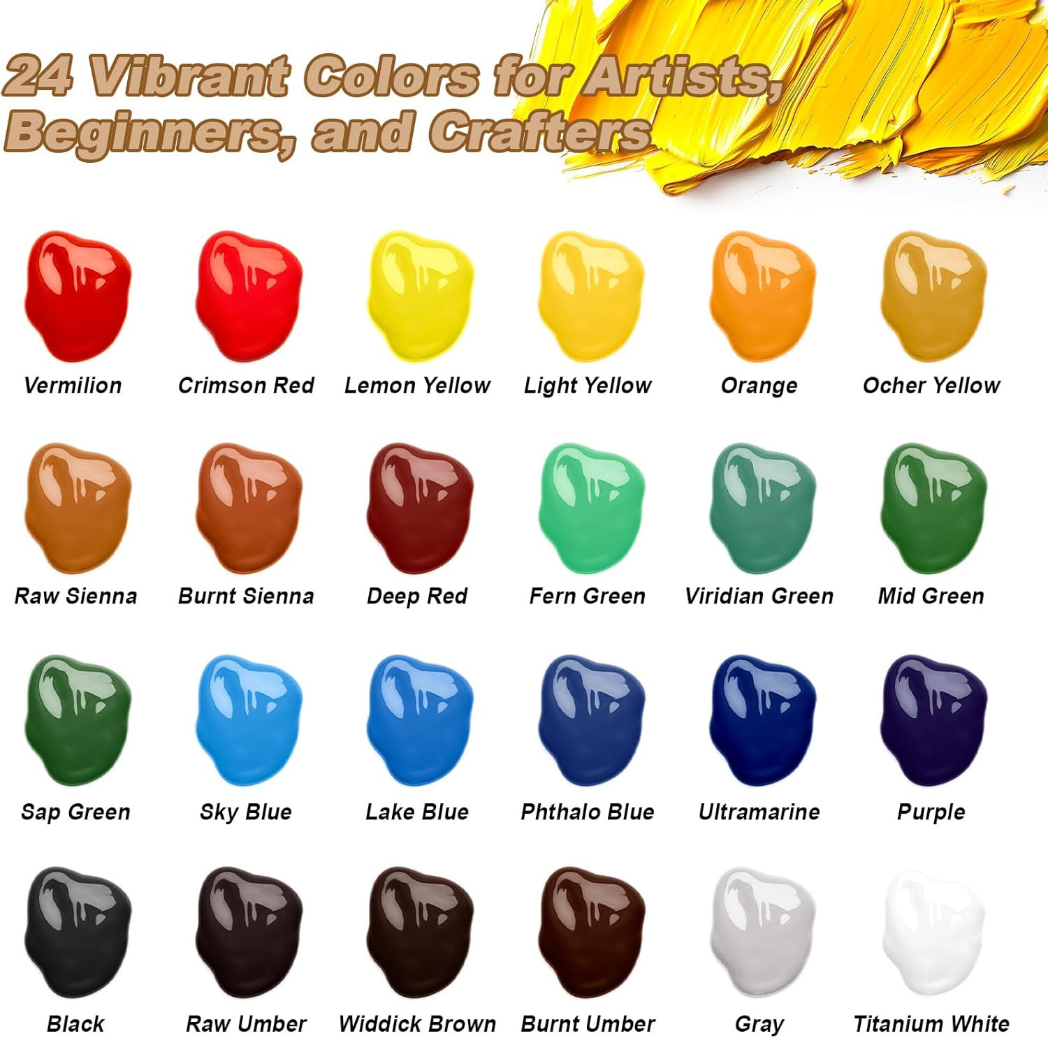 Acrylic Paint Set - 24 Colors, 20 Brushes, Non-Toxic Paint for Canvas, Wood, Roc