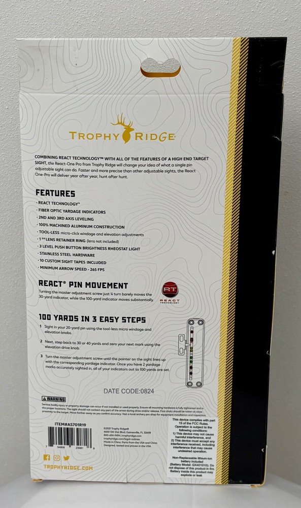 Trophy Ridge React One Pro Sight Black 1 Pin .019 New