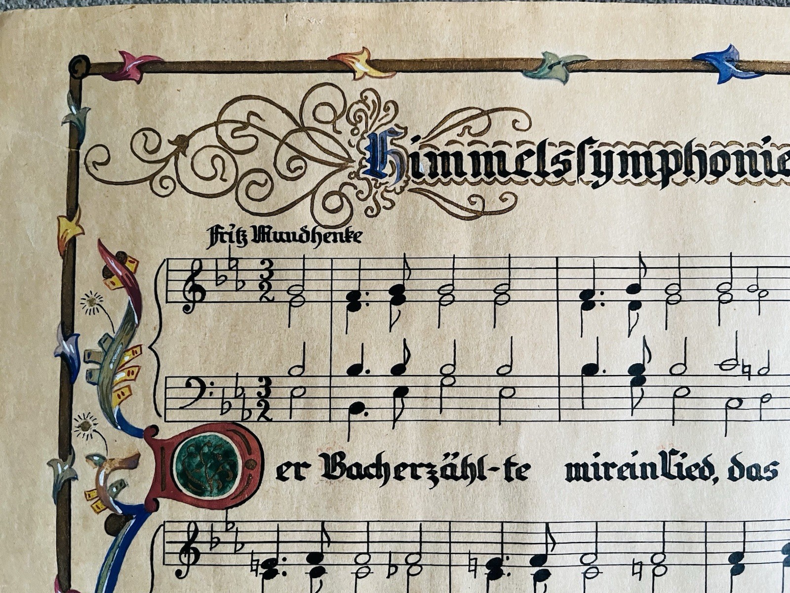 Antique Hand Illuminated Art “Die Himmelsymphonie” German Poem & Music Mebert