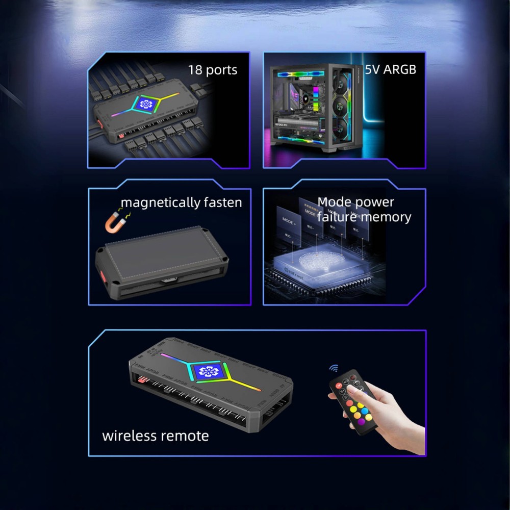 9 Port ARGB Controller with Remote & Sync Cable 3A Power for PC Fan Lighting