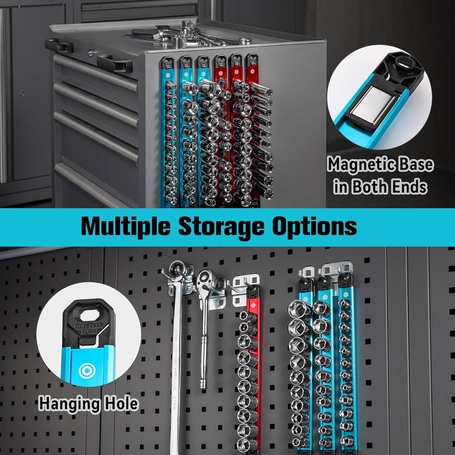 DURATECH 9PCS ALUMINUM MAGNETIC SOCKET ORGANIZER RAIL SET Socket Holder 96 Clips