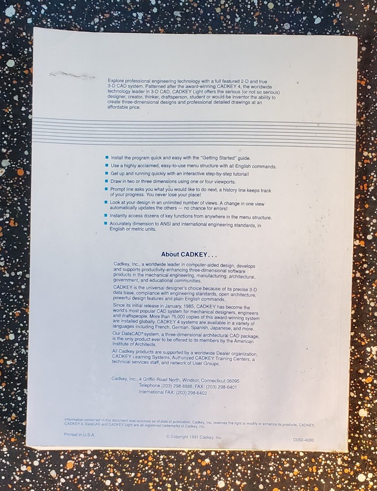 Cadkey Light 3-D Computer Aided Design and Drafting System, Version 4, PB, 1991