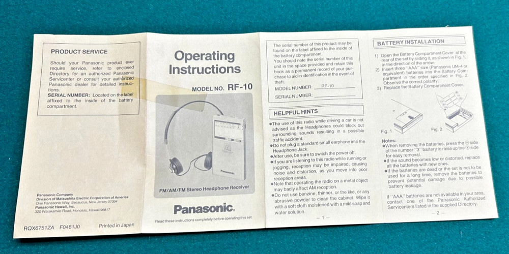 Panasonic Model No. RF-10 Operating Instructions