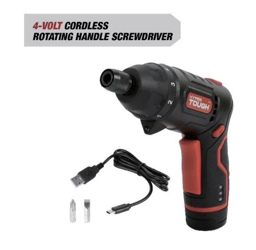 HYPER TOUGH 4V Rotating Head Cordless Screwdriver 2-Position Handle 6062