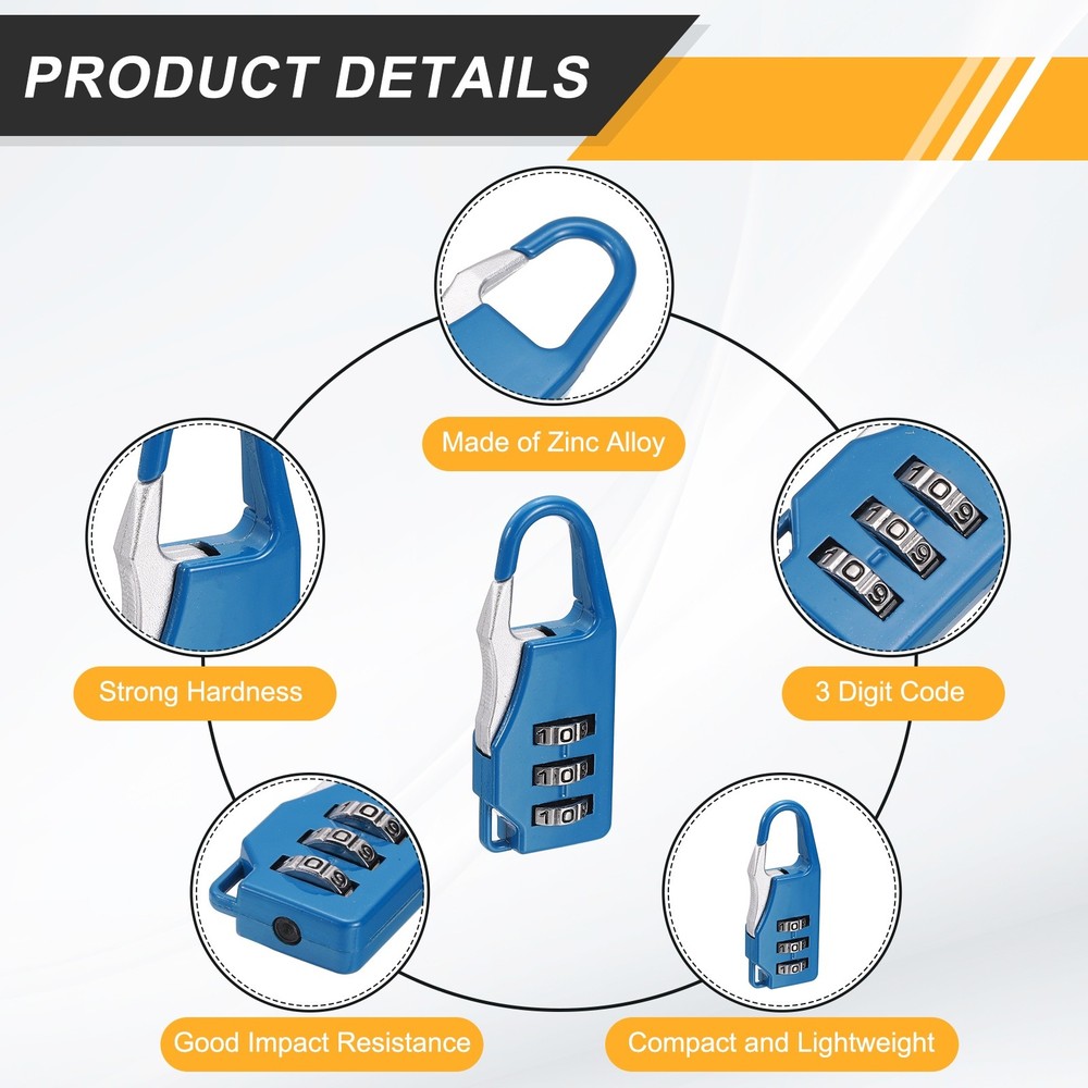 3Pcs Resettable 3 Digit Combination Lock Code Padlock, Sapphire (55 x 21mm)