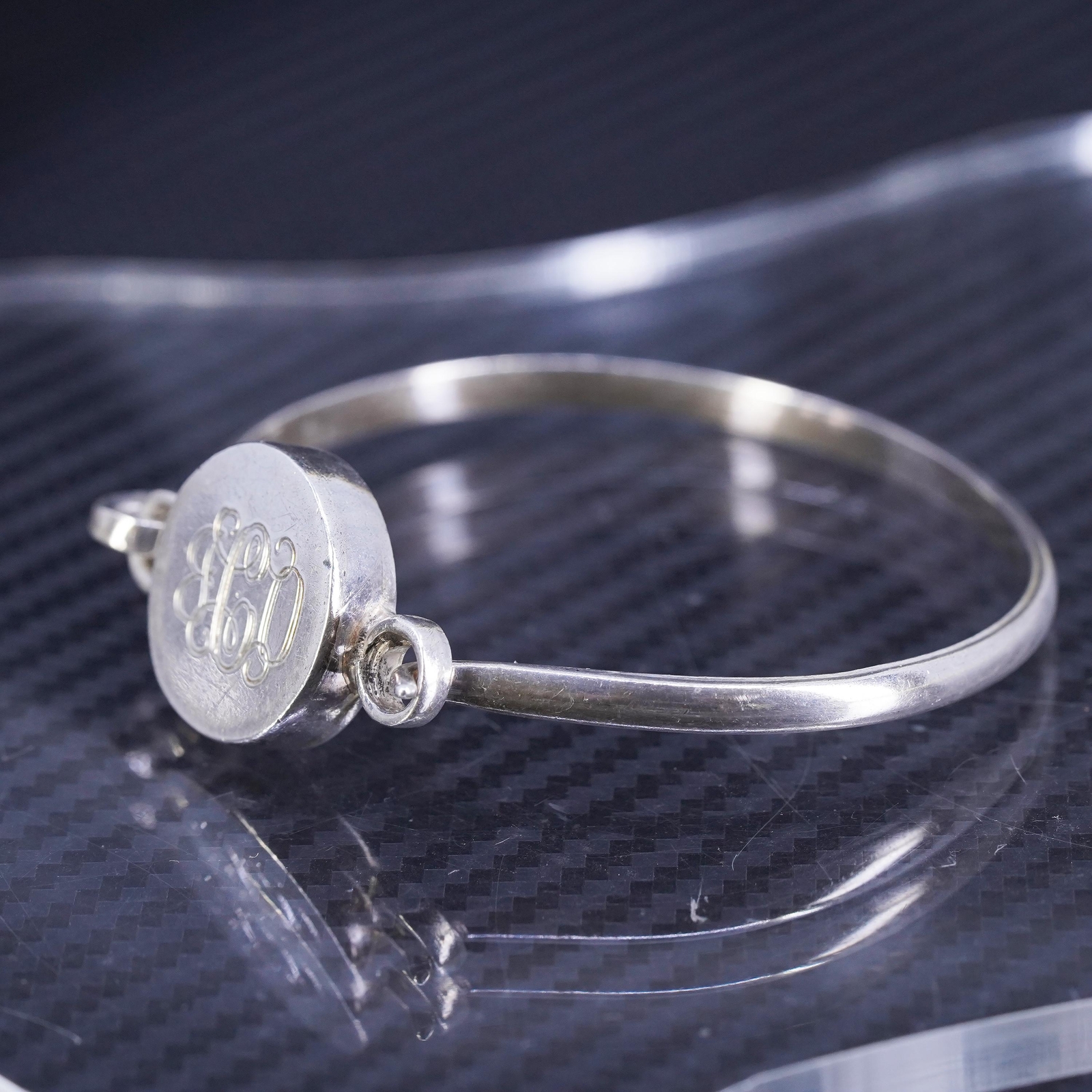 6.75”, Mexican sterling silver 925 hinged bangle, bracelet with monogram “GCO"