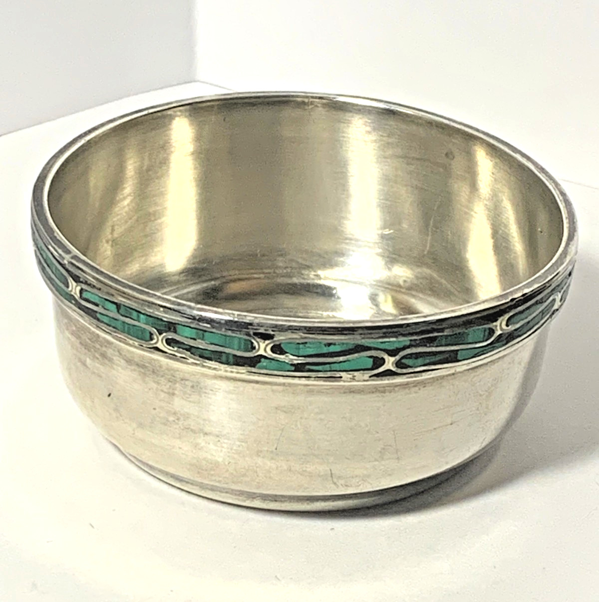 Vintage Sterling Silver Bowl Dish with Inlay Malachite Stone Mid Century Modern