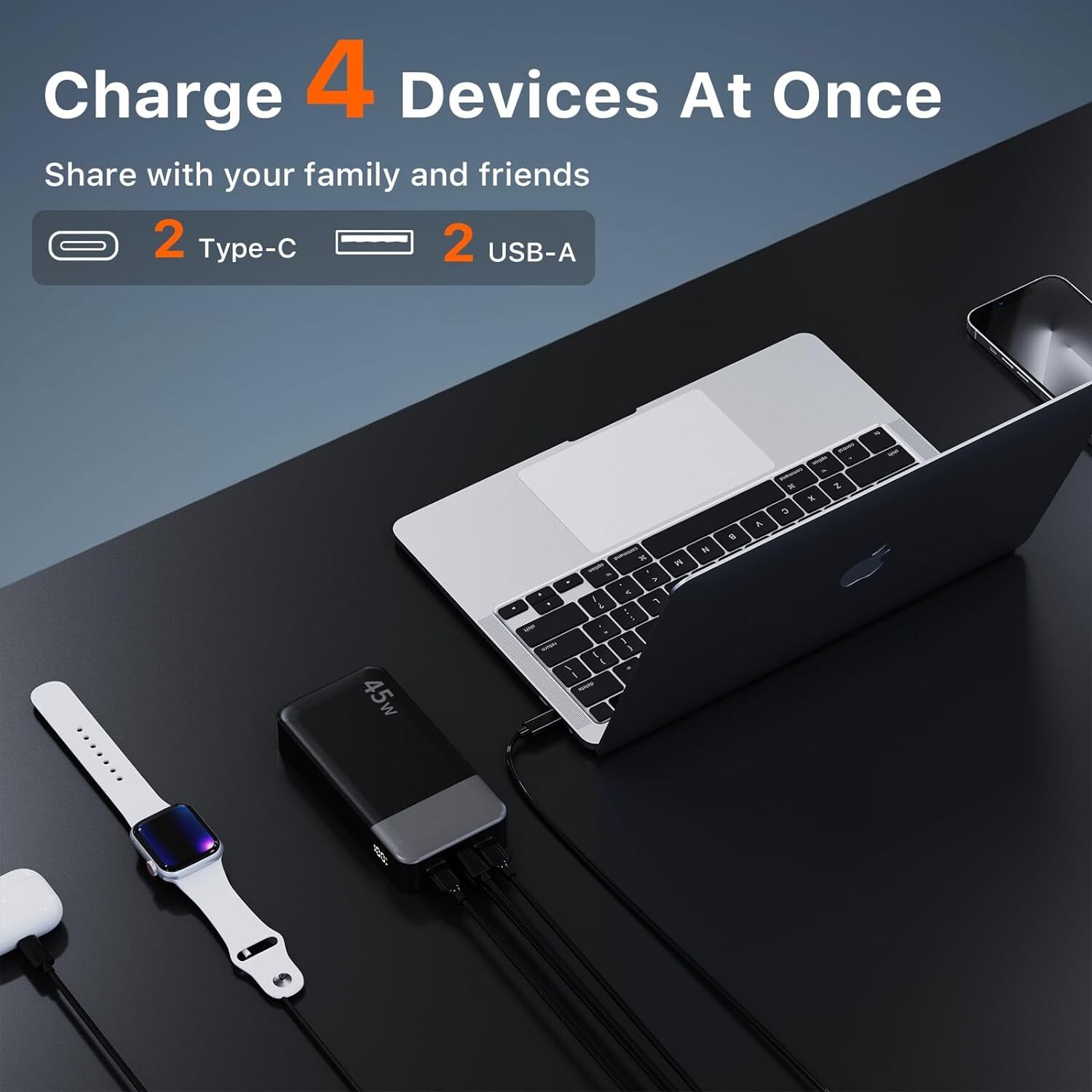 Power Bank 20000mAh 45W Charging Portable External Battery Backup For Cell Phone