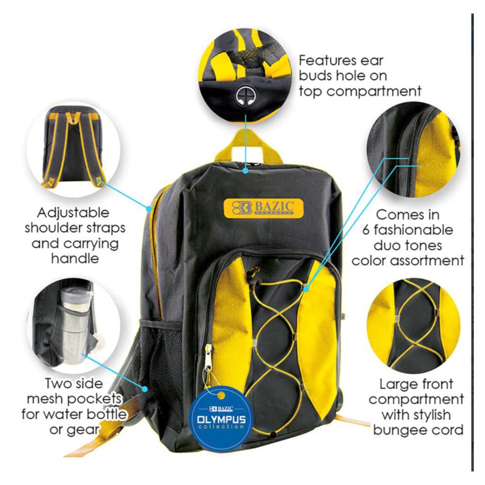 17" Bungee Backpack, Double Zipper, Durable, Assorted Colors