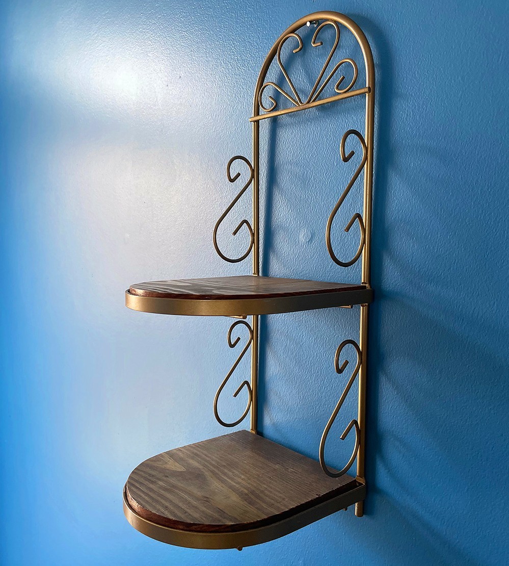ReinVintaged Farmhouse Scroll Gold Metal & Pine Wooden 2 Tier Wall Shelf 15"