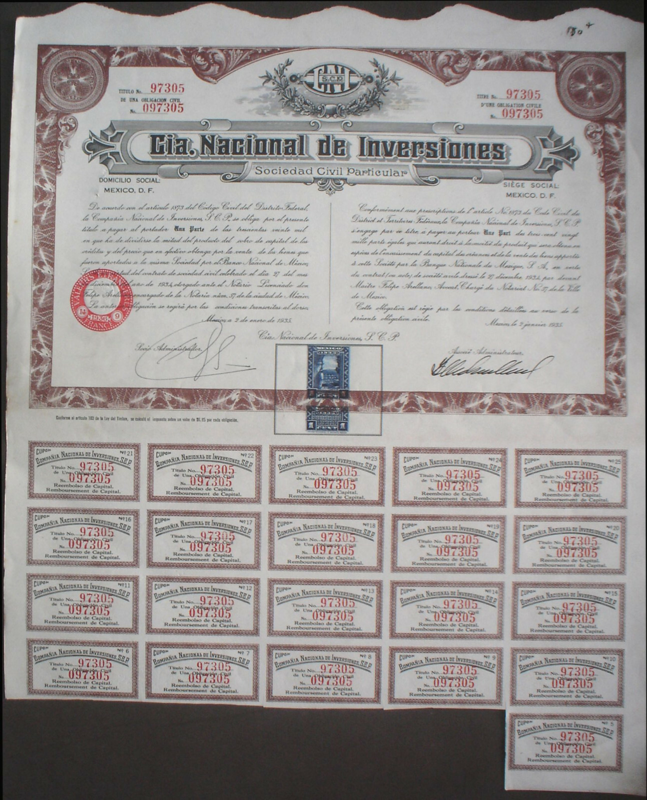 Mexico 20 x Mexican Stocks & Bonds uncancelled + coupons