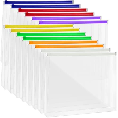 14 Pack Clear Plastic Zip Envelopes A4 Zipper Document Folder Bright Colors
