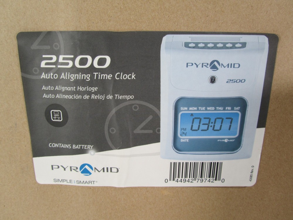 New Pyramid Auto Aligning Time Clock 2500 6 Column with Time Cards & Rack LCD
