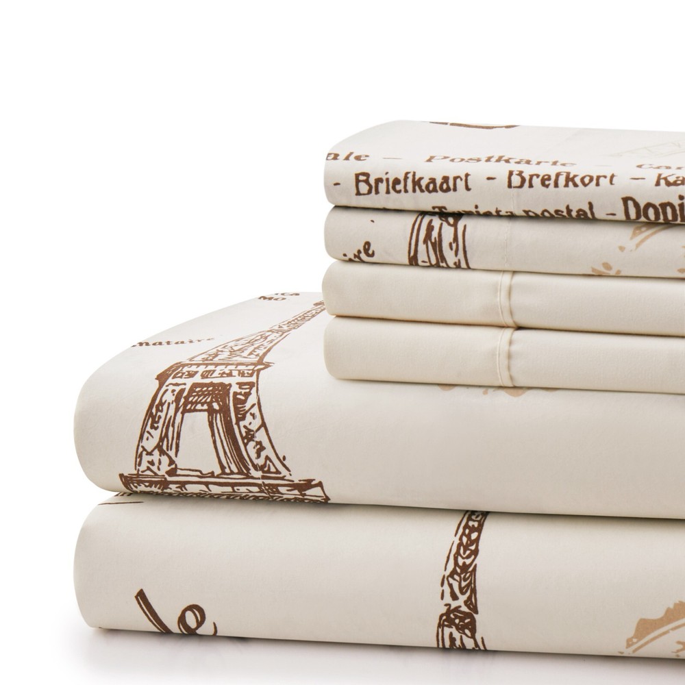 Rayon from Bamboo Deep Pocket 6 Piece Printed Sheet Set Eiffel Tower Ivory Queen