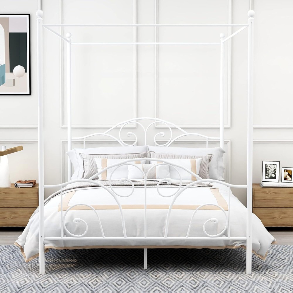 Canopy bed frame Four-poster metal platform Easy assembly / White / Black / Gold