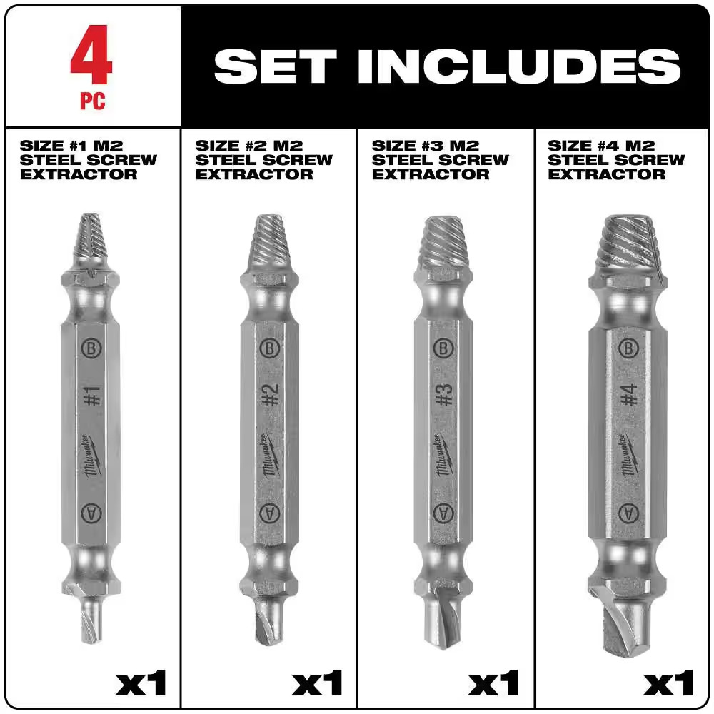 M2 Steel Screw Extractor Set (4-Piece)
