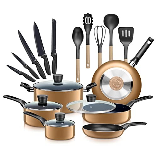 SereneLife SLCW20GLD 20-Piece Set Kitchenware Pots & Pans Basic Kitchen Set