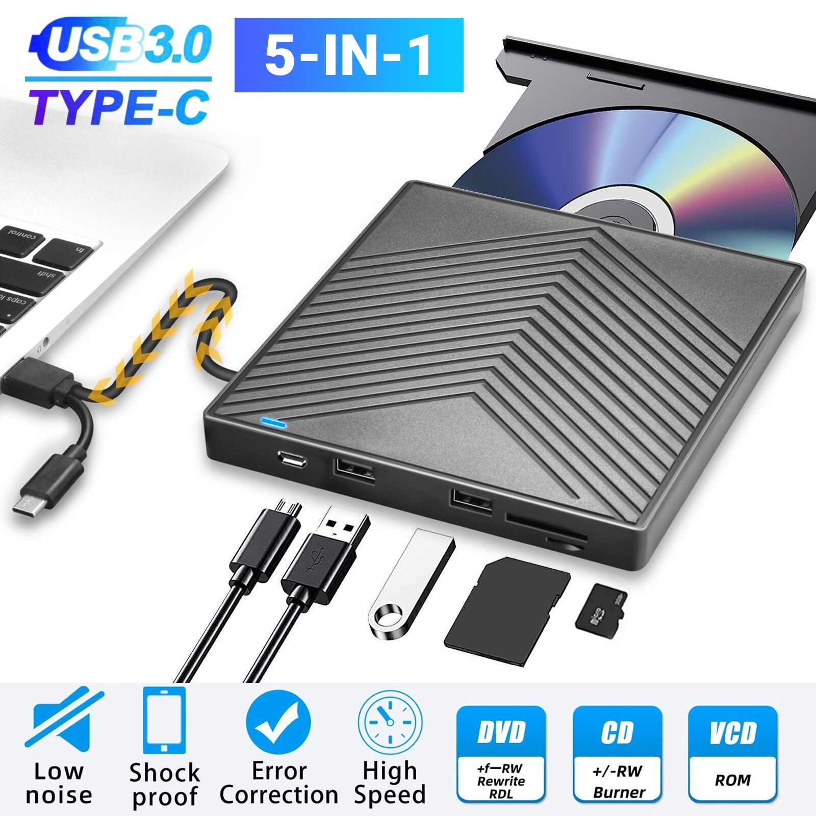 External CD DVD Drive, USB 3.0 Player Burner Writer, for PC Laptop Windows 11 10
