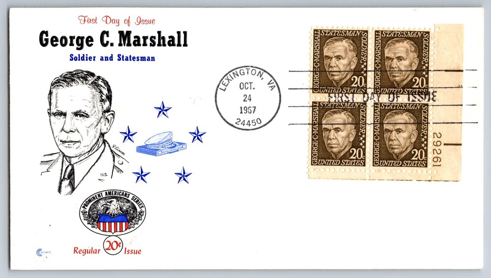 #1289 George Marshall FDC Cachetcraft Cachet Plate Block