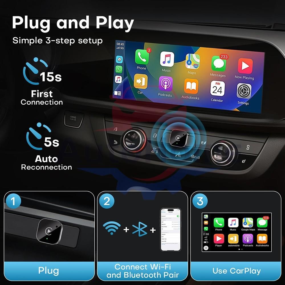 Wireless CarPlay Adapter for Apple iPhone & Android Auto USB Adapter Plug & Play