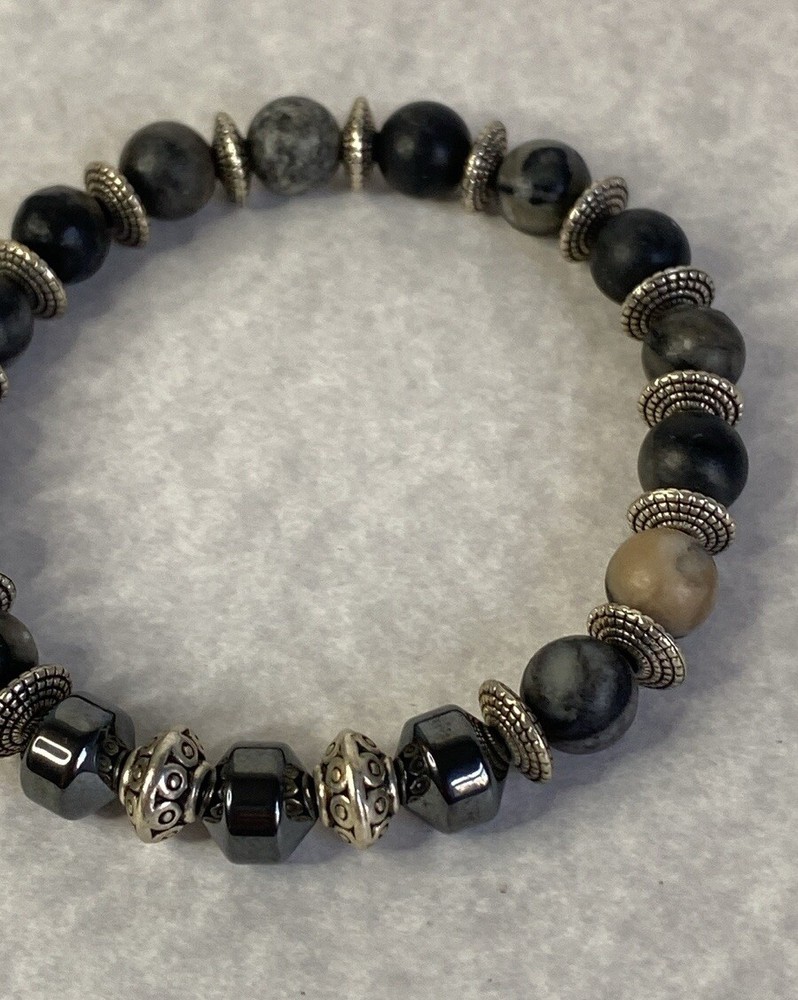Hematite matte agate silver beaded bracelet unisex