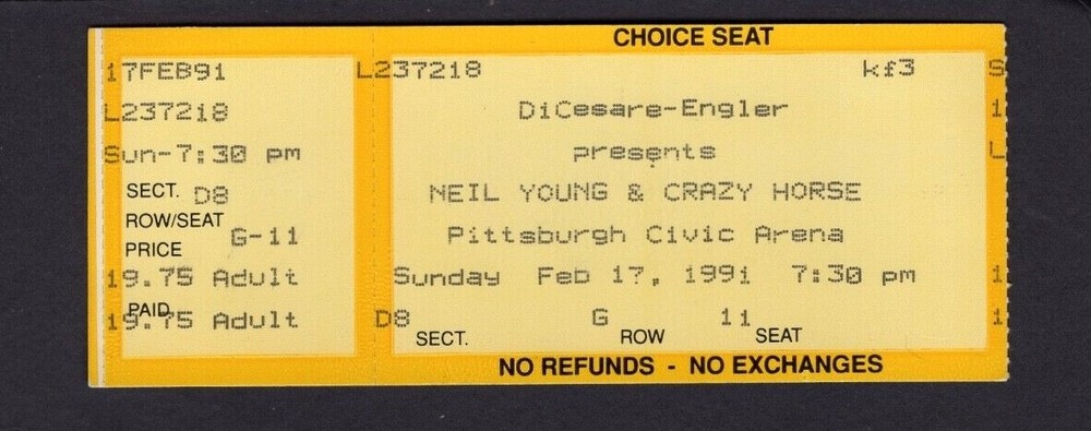 1991 Neil Young Crazy Horse Sonic Youth Social concert ticket stub Pittsburgh PA