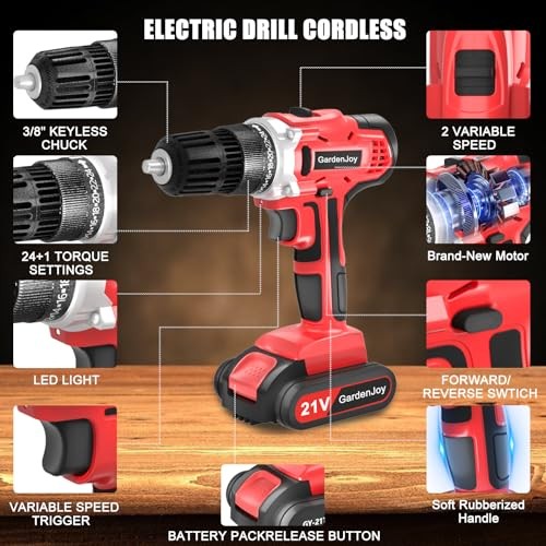 20v Cordless Drill Set, Power Electric Kit 21V - 1 Batteries -Red- Basic