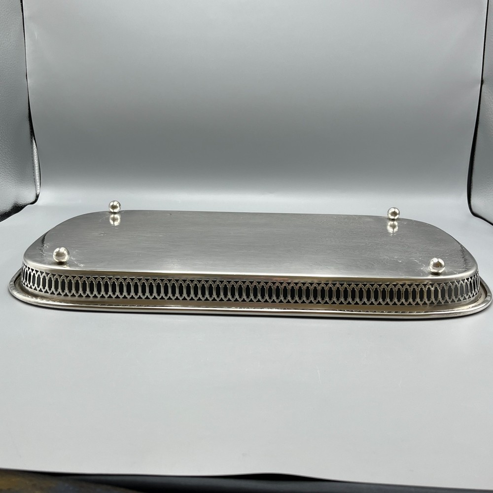 Large Vintage Silver Plated Rectangular Gallery Tray Footed Long Cocktail Drinks