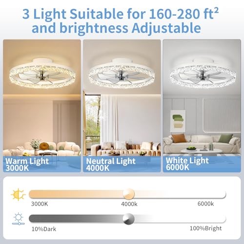 Ceiling Fan with Light, 20" Foldable Ceiling Fans, Stepless Crystal White