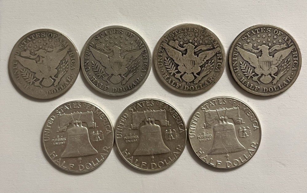 4 Barber Half Dollars & 3 Benjamin Franklin Half Dollars $3.50 Face Value